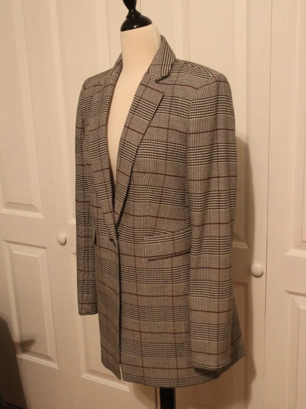 Calvin Klein Single Button Plaid Longline Blazer Tailored Slim Fit Size 4